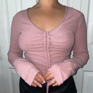 Cinched Ashy Pink Long Sleeved Crop Top